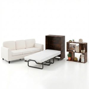 3-Piece Space-Saving Living Room with Teddy Sofa, Display Bookshelf & Foldable Murphy Bed