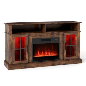 58 Inch Fireplace TV Stand with LED Lights with Storage Cabinets and Glass Doors