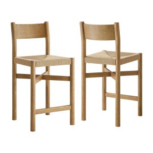Alvia Oak Wood Counter Stools With Woven Seats Set of 2
