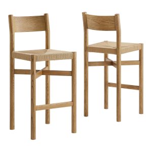 Alvia Oak Wood Bar Stools With Woven Seats Set of 2