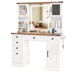 Farmhouse Vanity Desk with Lighted Mirror and 3 Doors