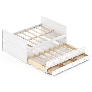 Full Size Bed Frame with Twin Trundle and 3 Storage Drawers for Teens Adults