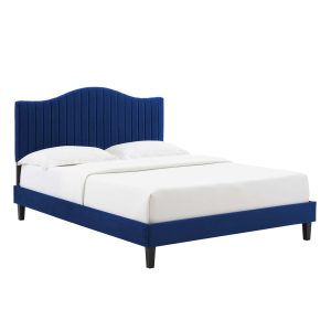 Juniper Channel Tufted Performance Velvet Platform Bed With Black Wood Legs