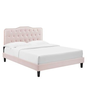 Amber Performance Velvet Platform Bed With Black Wood Legs