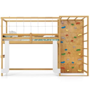 Twin Bunk Bed with Jungle Gym Wooden Loft Bed with Climbing Ladder
