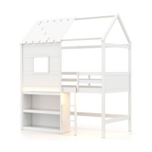 Twin Size Loft Bed with LED Lights, Roof, Window and Storage Bookshelf