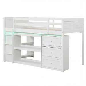 Twin Size Loft Bed with LED Lights and Underbed Space for Kids
