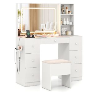 Vanity Desk with Mirror and Lights Makeup Dressing Table Vanity Table and Stool Set