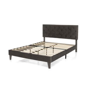Modern 3-Piece Bedroom Furniture Set with Upholstered Queen Bed, 2 Rattan Nightstands and 3-Globe Floor Lamp