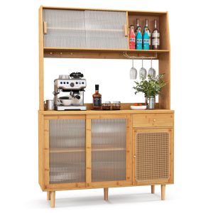 Kitchen Dining Set with Extendable Table, 2 Rattan Accent Chairs and Kitchen Cabinet