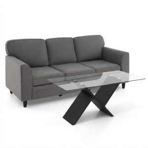 Contemporary Living Room Furniture Suite: Modern 3-Seat Teddy Velvet Sofa + 47-Inch Glass Coffee Table